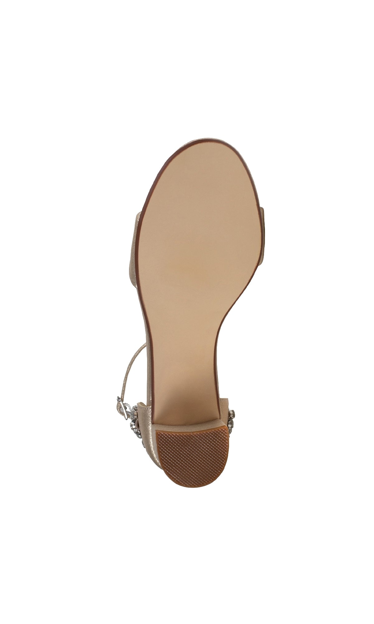 The image shows the bottom view of Olivia Champagne Shimmer Prom Shoes: Touch Ups 4637—a beige high-heeled sandal with a smooth sole, textured toe area, and shimmering block heels, ideal for elegant prom looks.